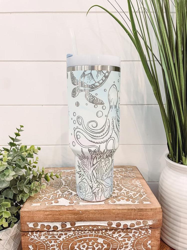 Sea Life Stanley Tumbler 40oz, Stanley Travel Mug, Engraved Tumbler, Engraved Ocean Tumbler, Sea Turtle Mug, Octopus Travel Mug with handle, Beach Cup