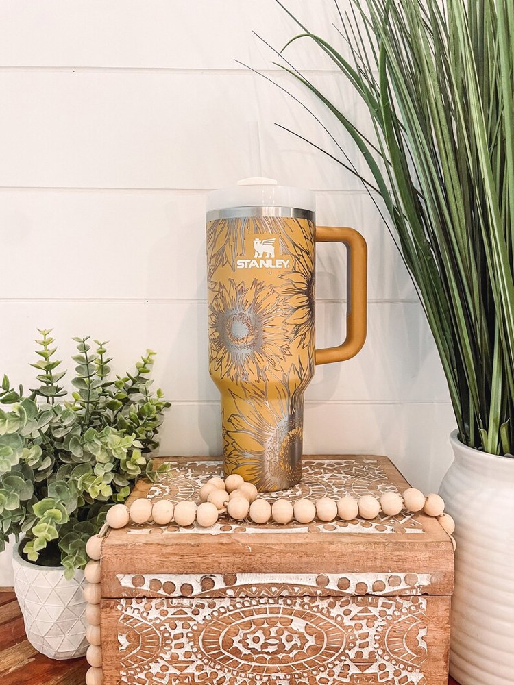 Sunflower Stanley Tumbler 40oz, Travel Mug, Engraved Stanley Tumbler, Floral Engraved Stanley, Full Wrap Cup, Travel Mug with handle, Sunflower Mug