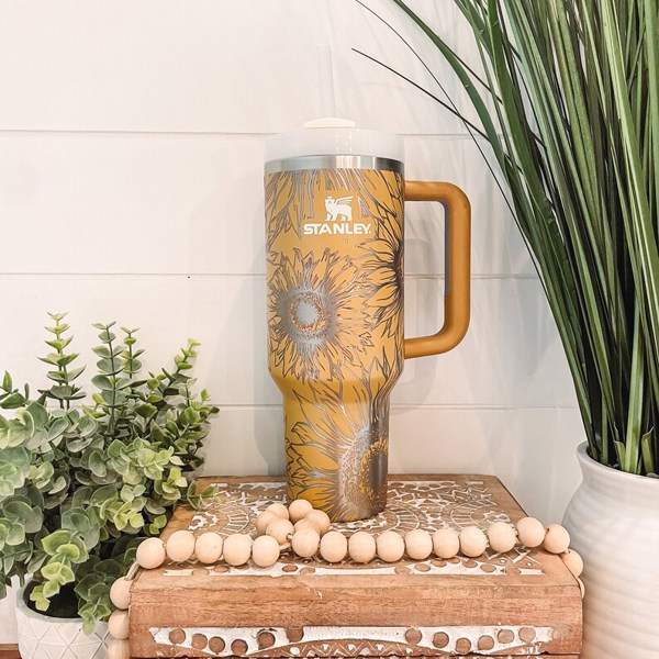 Sunflower Stanley Tumbler 40oz, Travel Mug, Engraved Stanley Tumbler, Floral Engraved Stanley, Full Wrap Cup, Travel Mug with handle, Sunflower Mug