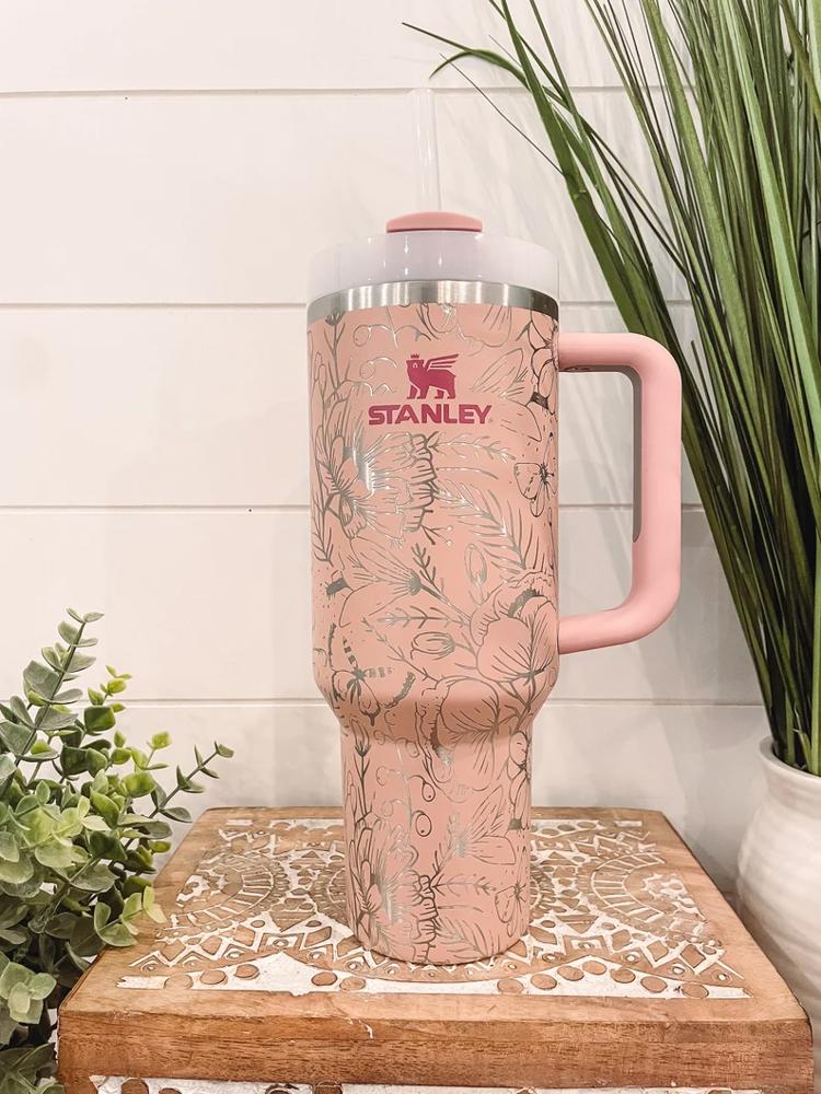 Floral Stanley 40oz Tumbler, Travel Mug, Engraved Tumbler, Floral Engraved Cup, Floral Travel Mug, Full Wrap, Travel Mug with handle, Butterfly Cup