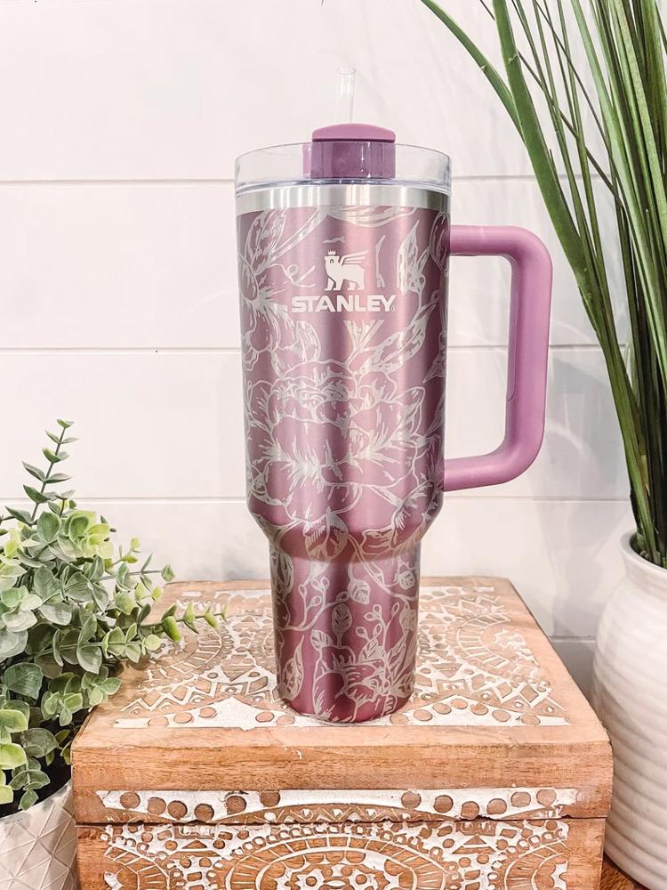 Peony Stanley Tumbler 40oz, Floral Stanley Travel Mug, Engraved Stanley Tumbler, Floral Engraved Tumbler, Full Wrap Cup, Travel Mug with handle, Peony Mug