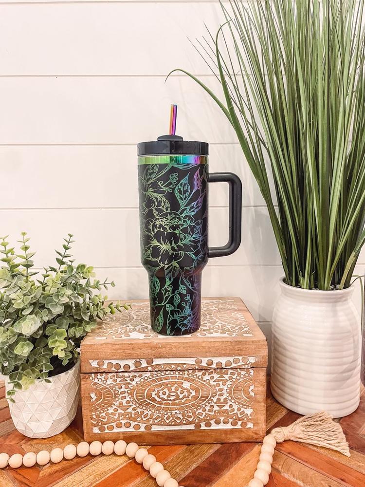 Peony Tumbler 40oz, Peony Travel Mug, Engraved Tumbler, Engraved Mug, Floral Tumbler, Full Wrap Tumbler, Copper and Cream Cup, Peony Flower