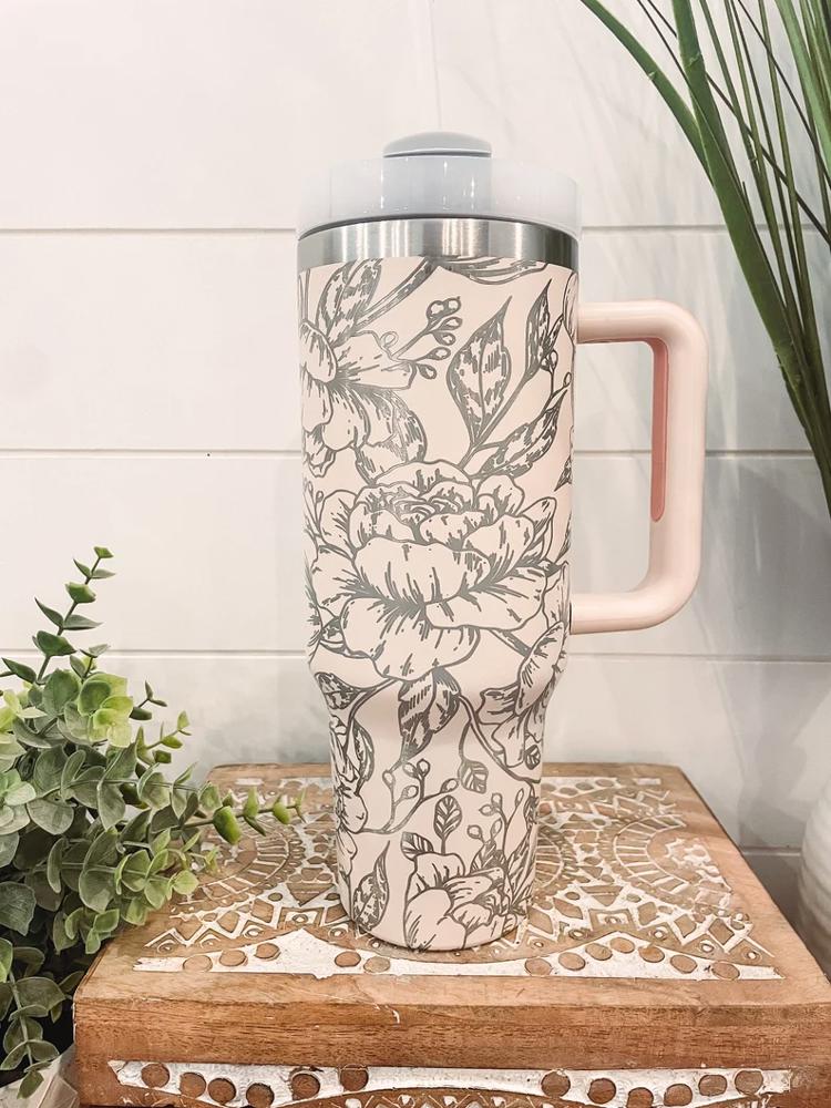 Peony Tumbler 40oz, Peony Travel Mug, Engraved Tumbler, Engraved Mug, Floral Tumbler, Full Wrap Tumbler, Copper and Cream Cup, Peony Flower