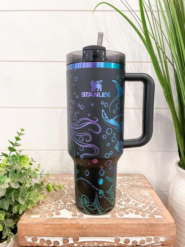 Sea Life Stanley Tumbler 40oz, Stanley Travel Mug, Engraved Tumbler, Engraved Ocean Tumbler, Sea Turtle Mug, Octopus Travel Mug with handle, Beach Cup