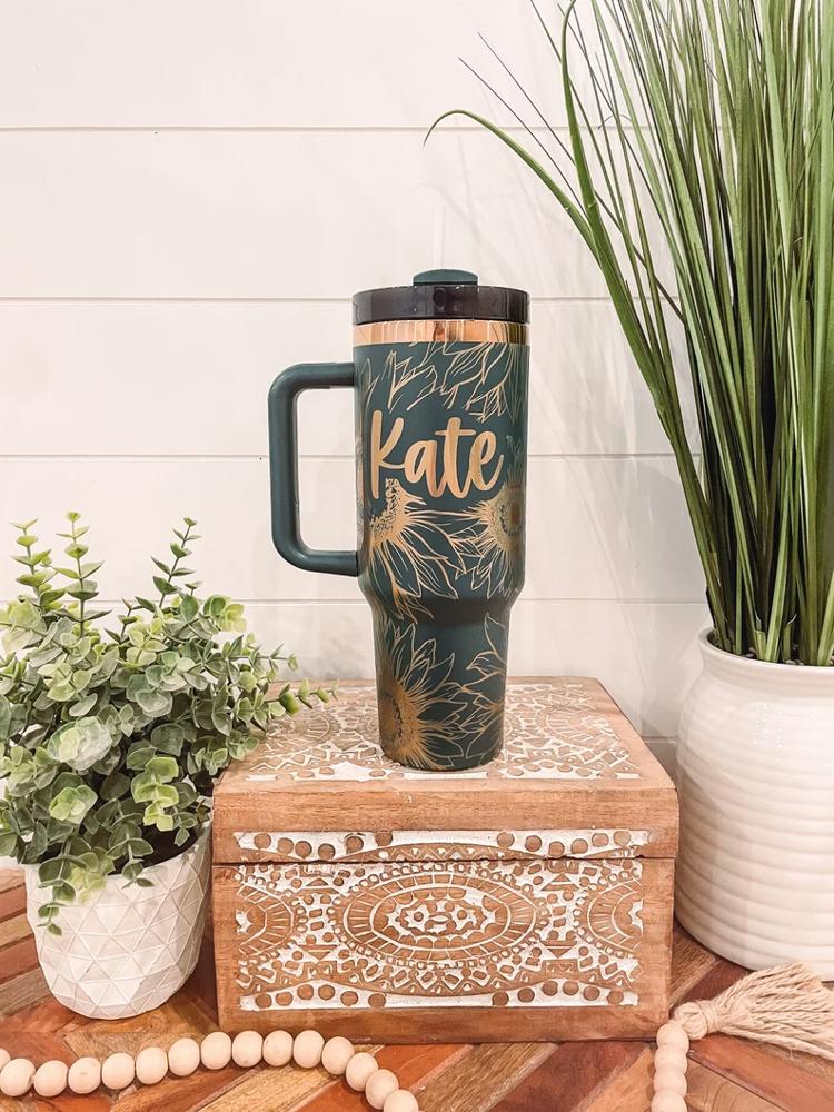 Sunflower Tumbler 40oz, Sunflower Travel Mug, Engraved Tumbler, Engraved Mug, Floral Tumbler, Full Wrap Tumbler, Copper and Cream Cup