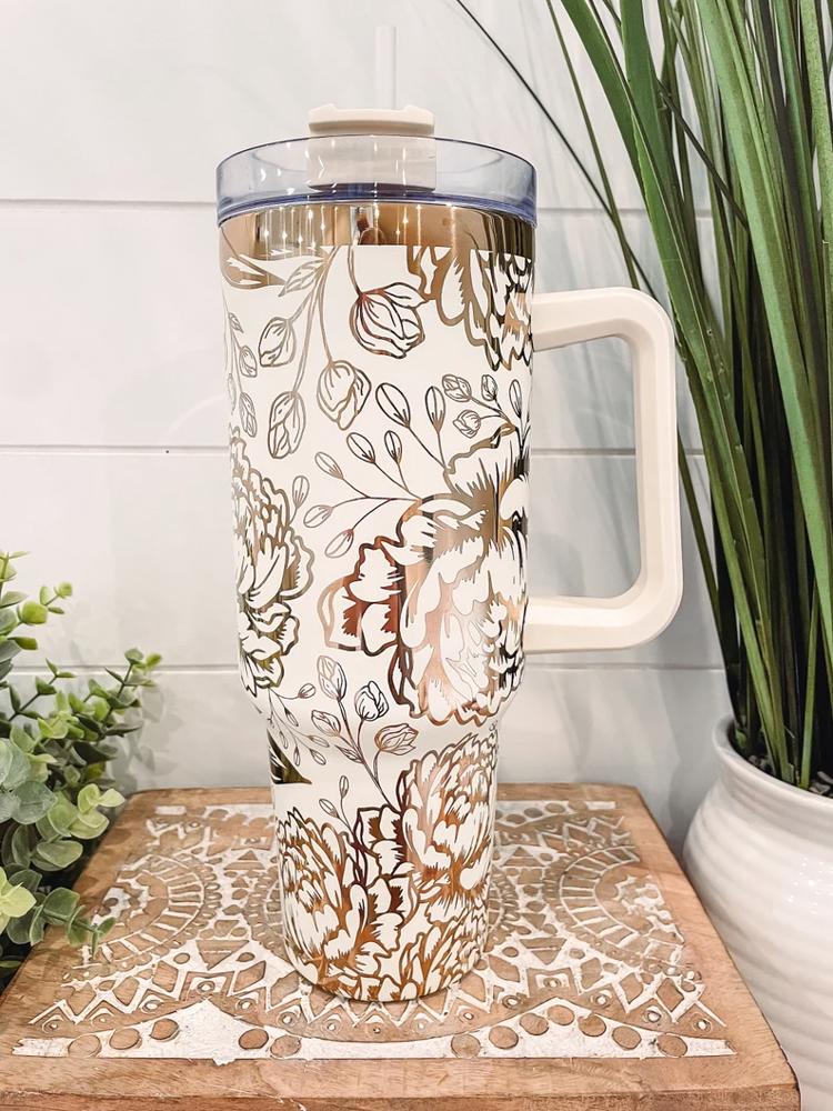 Peony Tumbler, Peony Travel Mug, Engraved Tumbler, Engraved Mug, Floral Tumbler, Full Wrap Tumbler, Copper and Cream Cup, Peony Flower