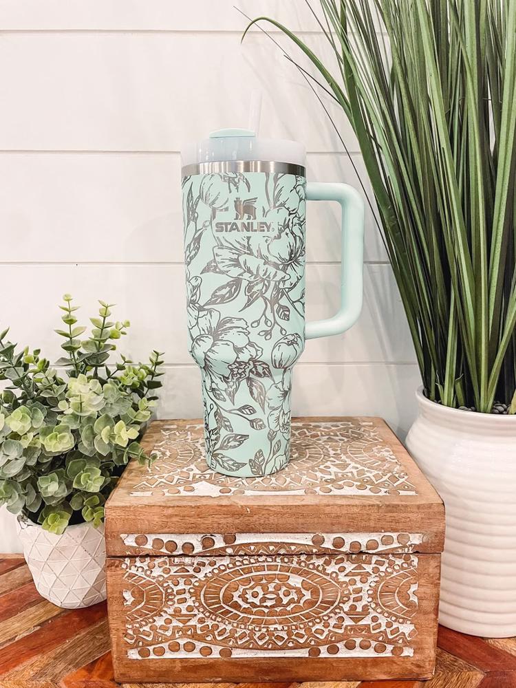 Peony Stanley Tumbler 40oz, Floral Stanley Travel Mug, Engraved Stanley Tumbler, Floral Engraved Tumbler, Full Wrap Cup, Travel Mug with handle, Peony Mug