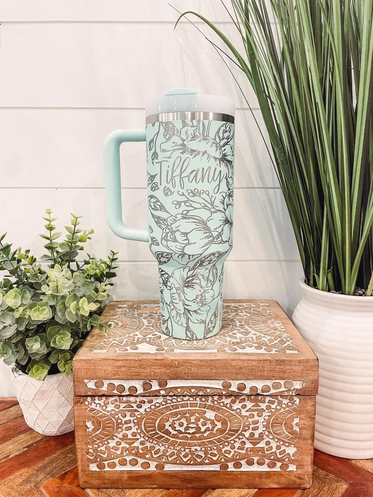 Peony Stanley Tumbler 40oz, Floral Stanley Travel Mug, Engraved Stanley Tumbler, Floral Engraved Tumbler, Full Wrap Cup, Travel Mug with handle, Peony Mug