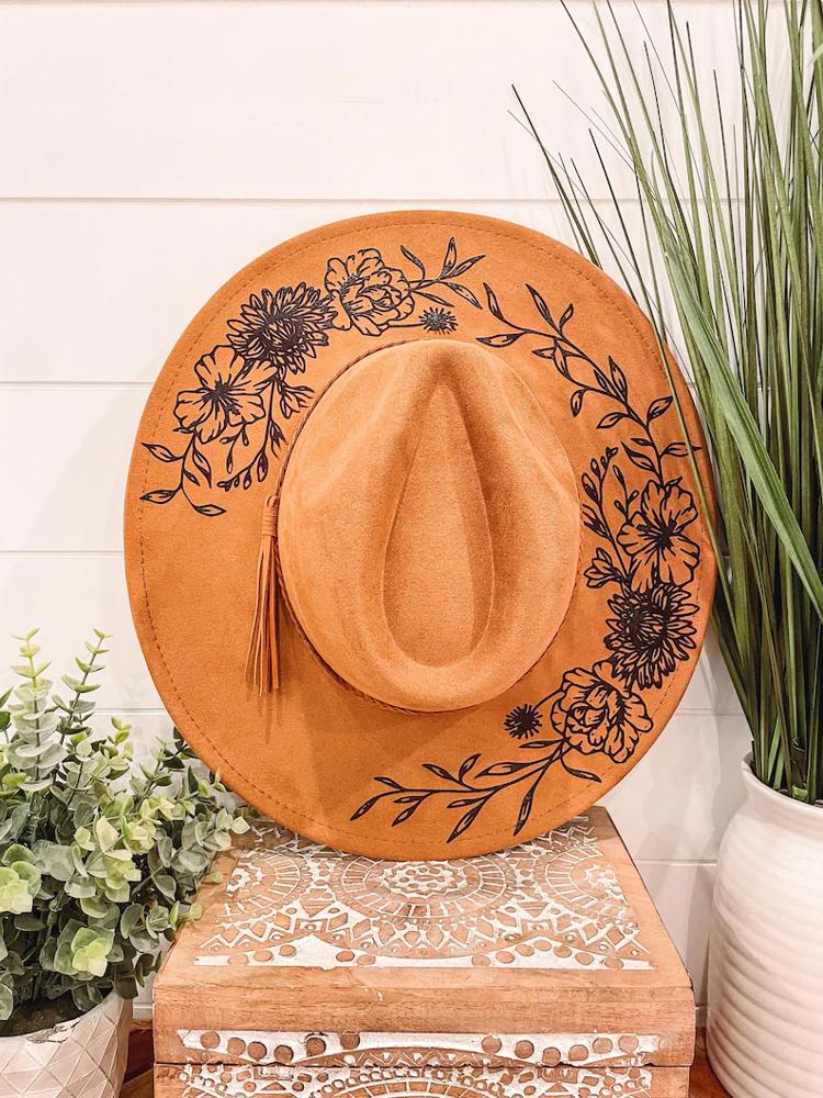 Floral burned hat - triple flower design, Burned Hat, Floral Engraved Cowboy Hat, Sunflower Hat, Sunflower Burned Fedora, Engraved Suede Hat