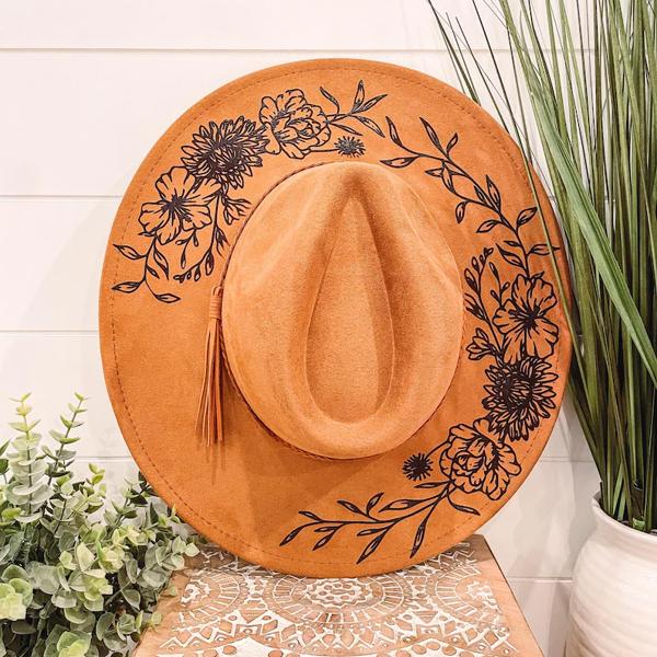 Floral burned hat - triple flower design, Burned Hat, Floral Engraved Cowboy Hat, Sunflower Hat, Sunflower Burned Fedora, Engraved Suede Hat