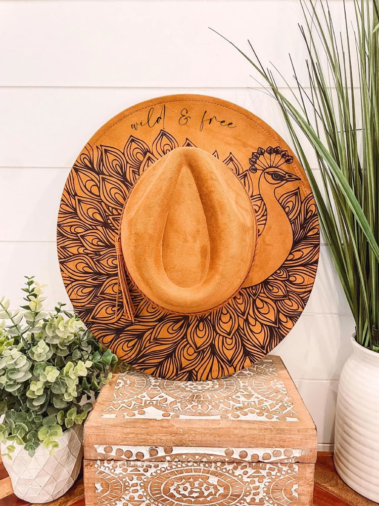 Peacock Burned Hat, Peacock Engraved Cowboy Hat, Peacock Hat, Peacock Burned Fedora, Engraved Suede Hat, Boho Hat, Vegan Suede