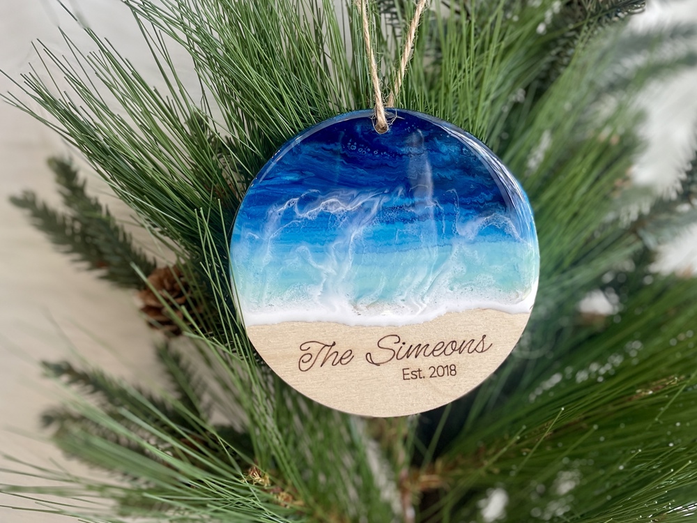 Personalized Family Christmas Ornament, Beach/Ocean Holiday Decor, Laser Engraved Name Ornament