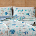 Queen Blue Coral Coastal Seashells Quilt Set