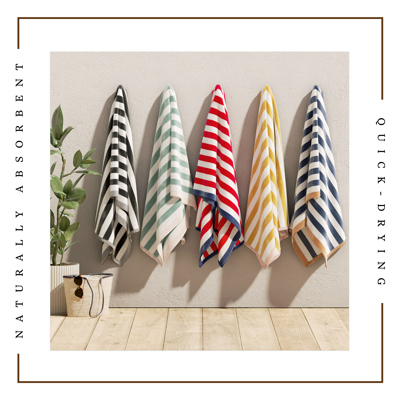 100% Cotton Velour Stripe Border Oversized Beach Towels - 35" x 70"