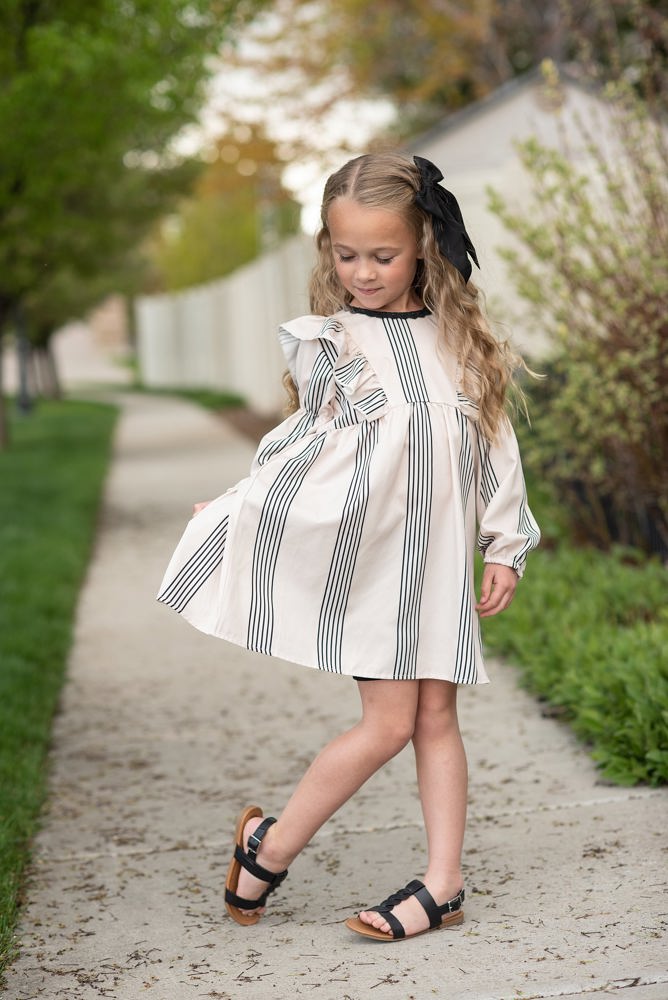 Cream Stripe Ruffle Dress