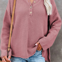   Pink Henley Pullover Drop Shoulder Sweater