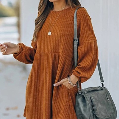 Brown Empire Waist Ribbed Knit Dress