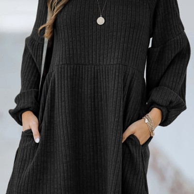 Black Empire Waist Ribbed Knit Dress