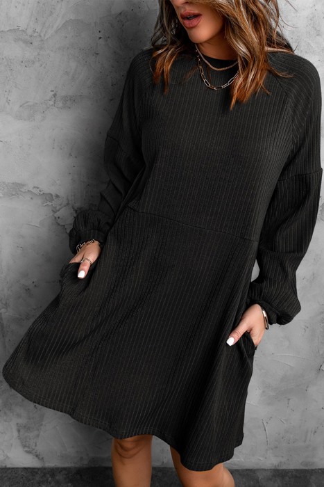 Black Empire Waist Ribbed Knit Dress