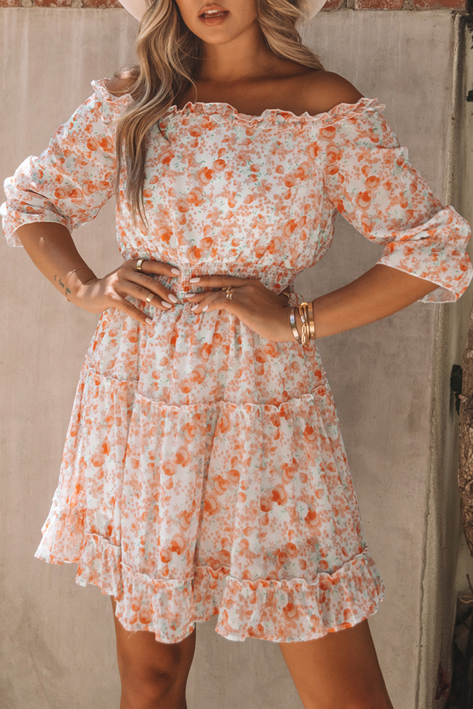 Off Shoulder Ruffled Floral Dress