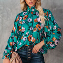  Floral Print Smocked Mock Neck Blouse