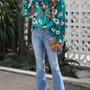 XXL Floral Print Smocked Mock Neck Blouse