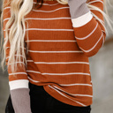  Brown Color Block Cuffs Rib Knit Striped Pullover