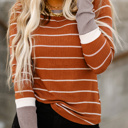  Brown Color Block Cuffs Rib Knit Striped Pullover