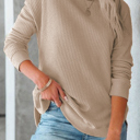  Crew Neck Ribbed Trim Waffle Knit Top [2 Colors]