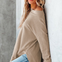  Crew Neck Ribbed Trim Waffle Knit Top [2 Colors]