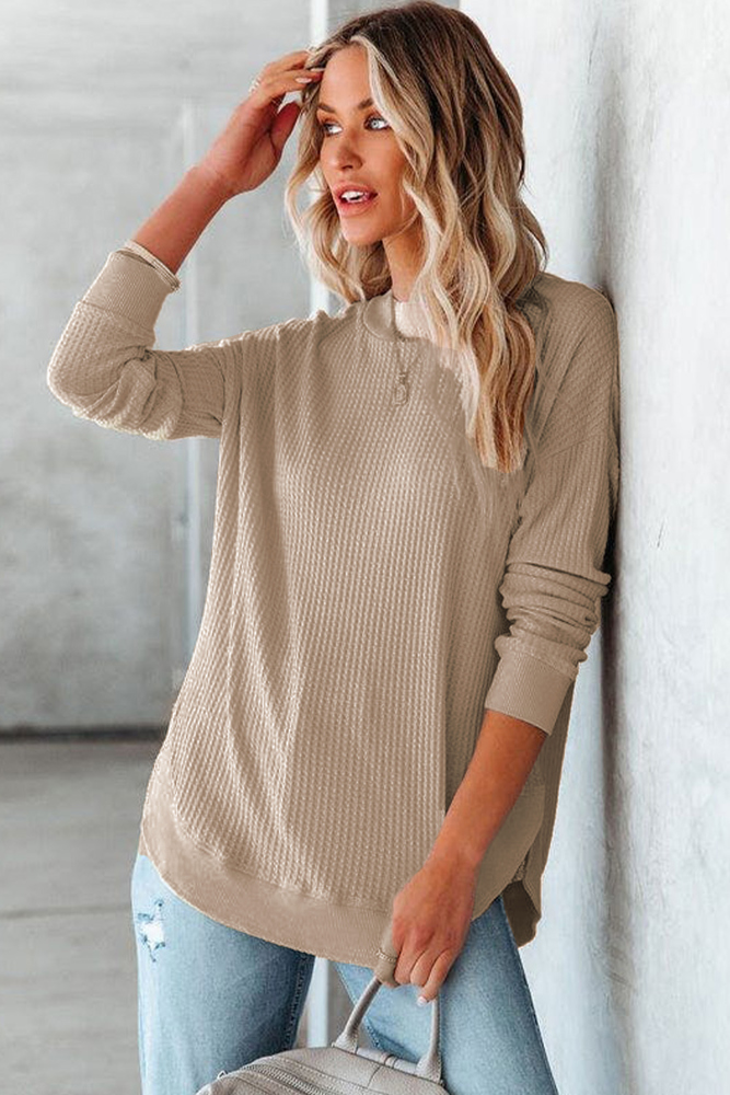 Crew Neck Ribbed Trim Waffle Knit Top [2 Colors]