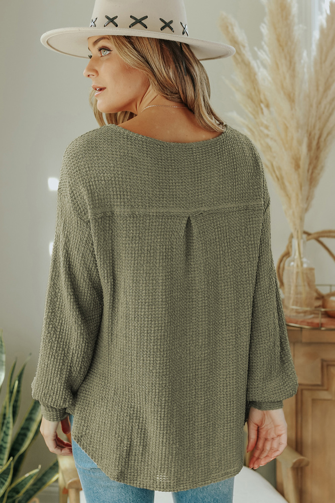 Waffle Knit Split Neck Pocketed Loose Top