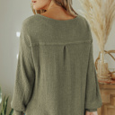  Waffle Knit Split Neck Pocketed Loose Top