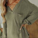  Waffle Knit Split Neck Pocketed Loose Top