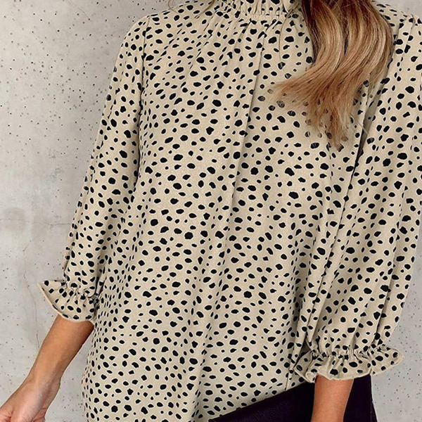 Frilled Neck 3/4 Sleeves Cheetah Blouse