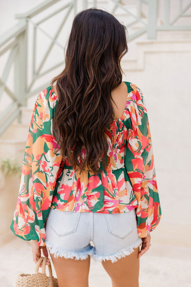 Abstract Floral Long Sleeve Peplum