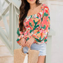  Abstract Floral Long Sleeve Peplum