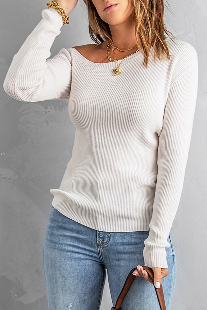 White Ribbed Knit Sweater