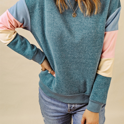 Blue Colorblock Long Sleeve Pullover Sweatshirt