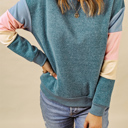  Blue Colorblock Long Sleeve Pullover Sweatshirt