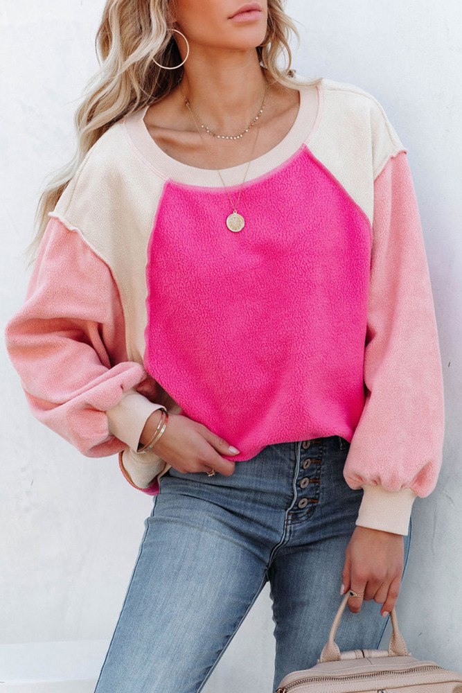 Rose Colorblock Long Sleeve Pullover Fleece Sweatshirt