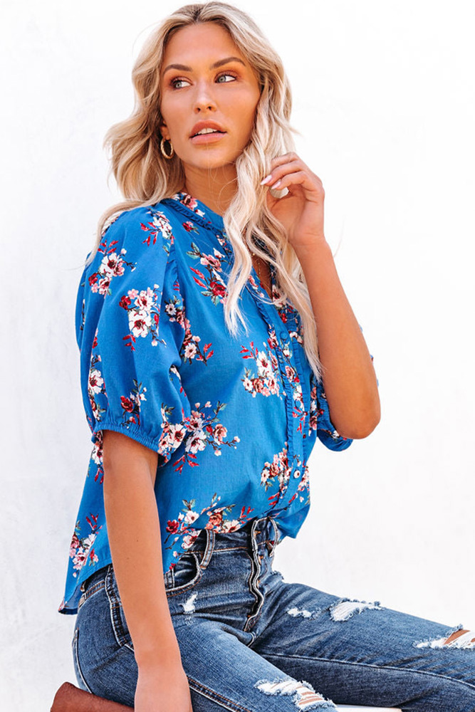 Floral Button Up Split Neck Blouse