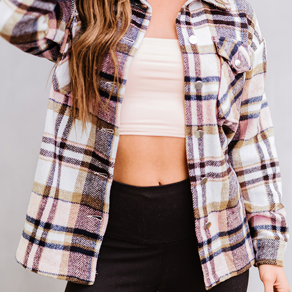 Pink Geometric Plaid Print Pocketed Shacket