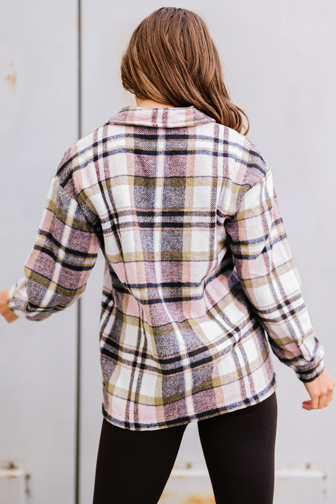 Pink Geometric Plaid Print Pocketed Shacket