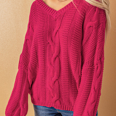 Rose Bubblegum V-Neck Braided Knit Sweater