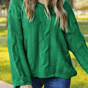  Green Bubblegum V-Neck Braided Knit Sweater