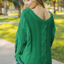  Green Bubblegum V-Neck Braided Knit Sweater