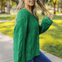  Green Bubblegum V-Neck Braided Knit Sweater