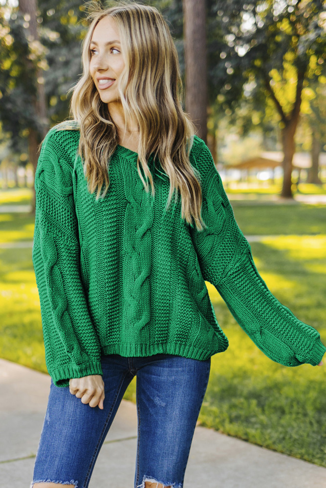 Green Bubblegum V-Neck Braided Knit Sweater