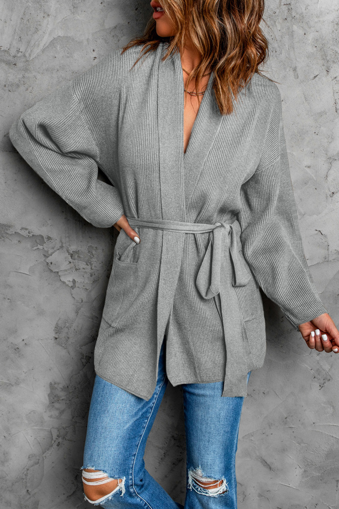 Ribbed Pocketed Open Front Cardigan | 2 Colors |